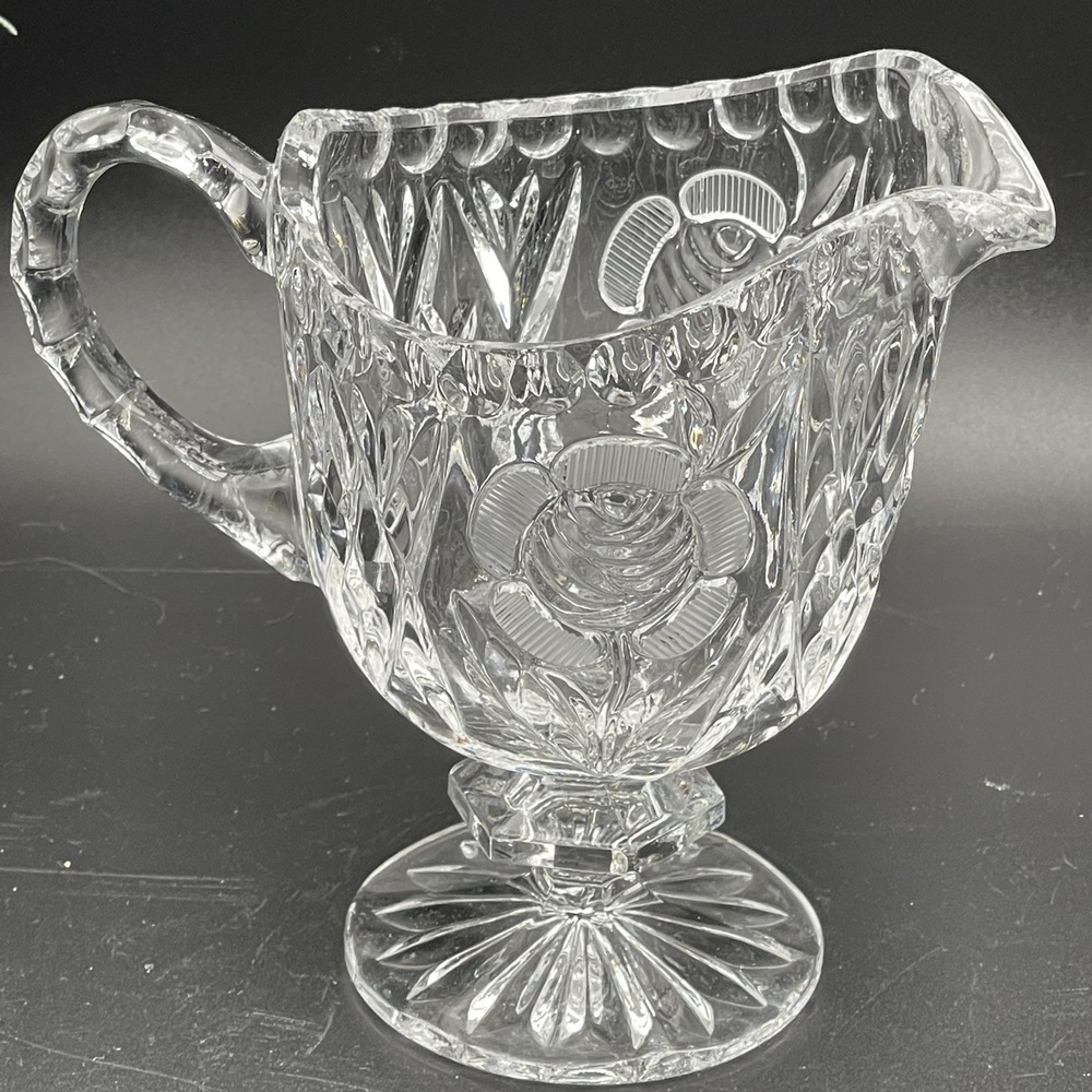 Vintage Imperial Glass Open Rose Clear Footed Creamer 5.25" Intaglio Floral